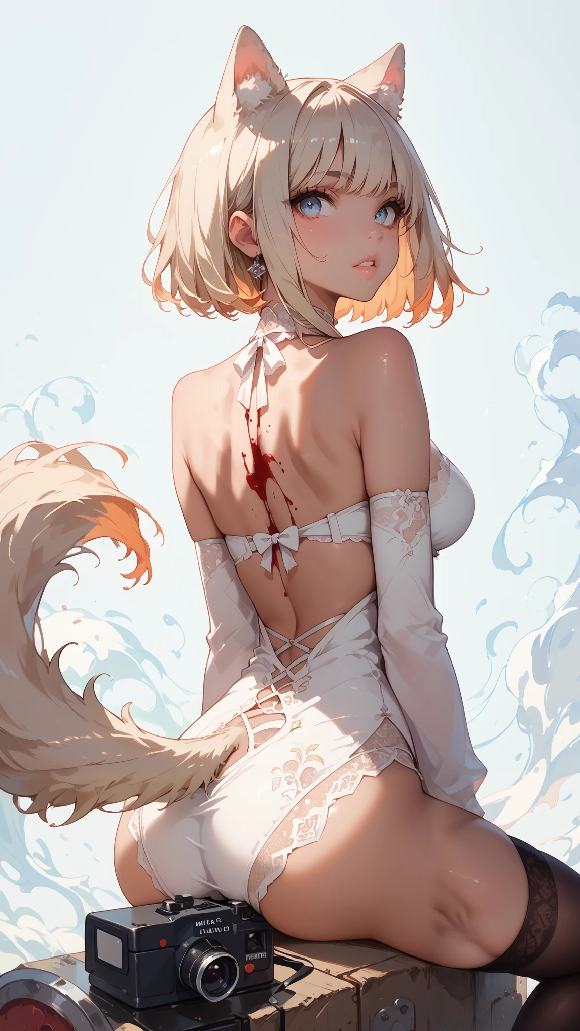 Anime wolf girl in a halter-neck
lace bra (blood-red) with thigh-high
stockings, straddling an invisible chair.Legs spread wide, hands gripping the "seat" behind her, back arched like a bow to flaunt her chest. Camera tilted upward, her silver tail thrashing aggressively, lips curled in a feral grin. Blue eyes blazing with unhinged confidence.