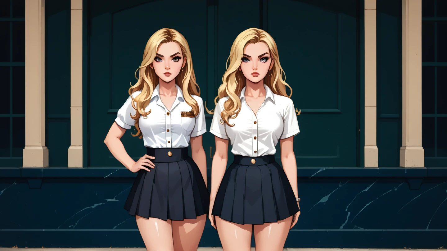 Anne Hathaway in a white shirt and blue striped tie, wearing a shirt with a tie, girl in a suit, girl in suit, wearing headmistress uniform, strict uniform, shirt and tie, photo of a model, dramatic smirk pose, young business woman, well lit professional photo, girl wearing uniform, various posed, clothed in white shirt, attractive humanoid