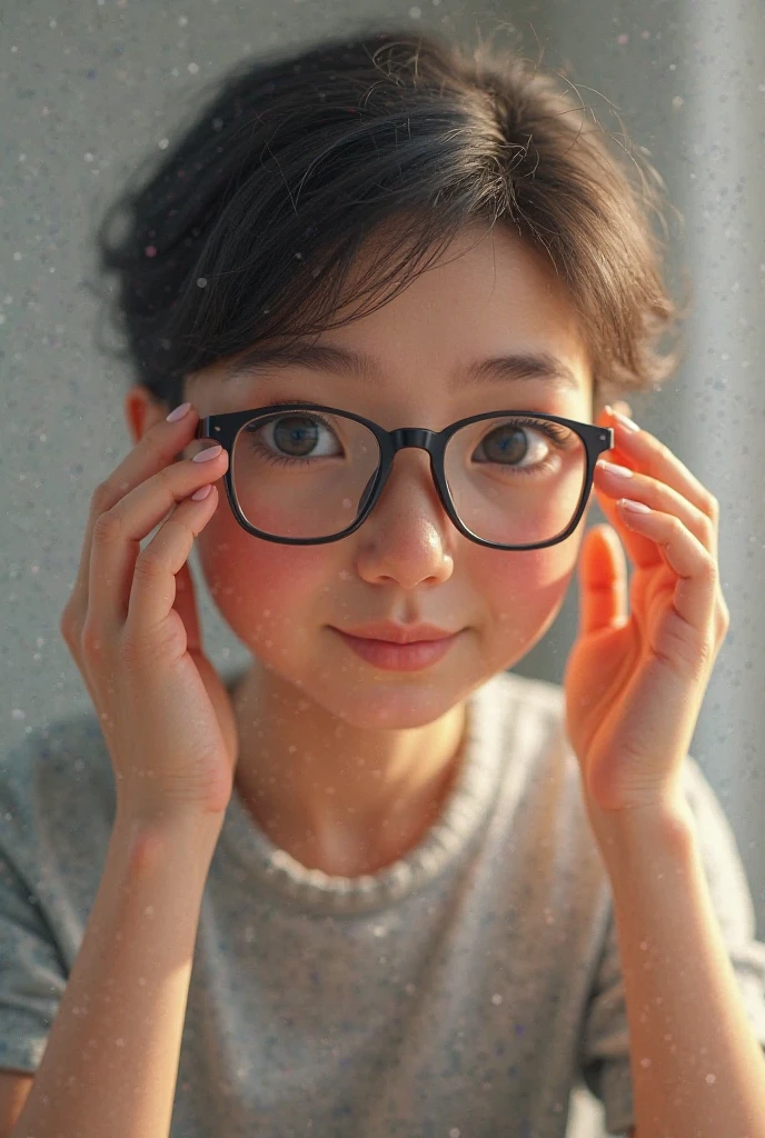 cute  Asian girl, glasses, slim figure, cute girl, ((Naked:1.8)), photo taken from above, detailed face, beautiful eyes, long eyelashes, cute expression, cozy bedroom, photorealistic, 4k, high quality,ultra-detailed,(realistic,photorealistic,photo-realistic:1.37)