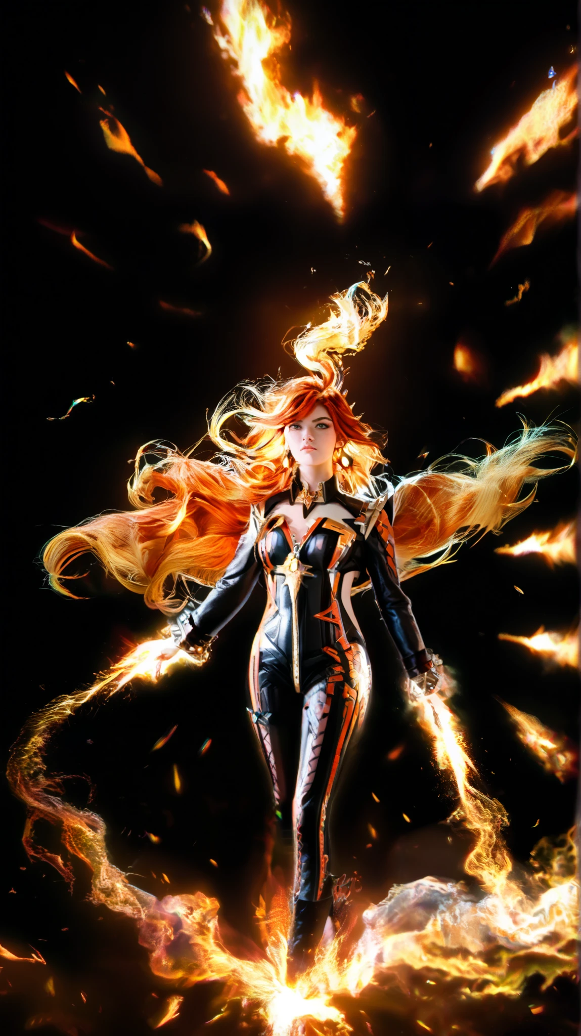 realistic, ultra-detailed, hyperrealism, 8K, cinematic lighting, moody atmosphere, dramatic contrast, pyro energy effect, glowing red and gold highlights), Mavuika’s outfit subtly glowing, her cape gently swaying, pyro energy traces running through the fabric, ember-like glow on the edges, mysterious dark background, ember sparks floating in the air, cinematic realism, soft lighting enhancing the outfit’s details, fantasy-inspired artistic framing, intense atmosphere, dramatic shot focusing on clothing details)