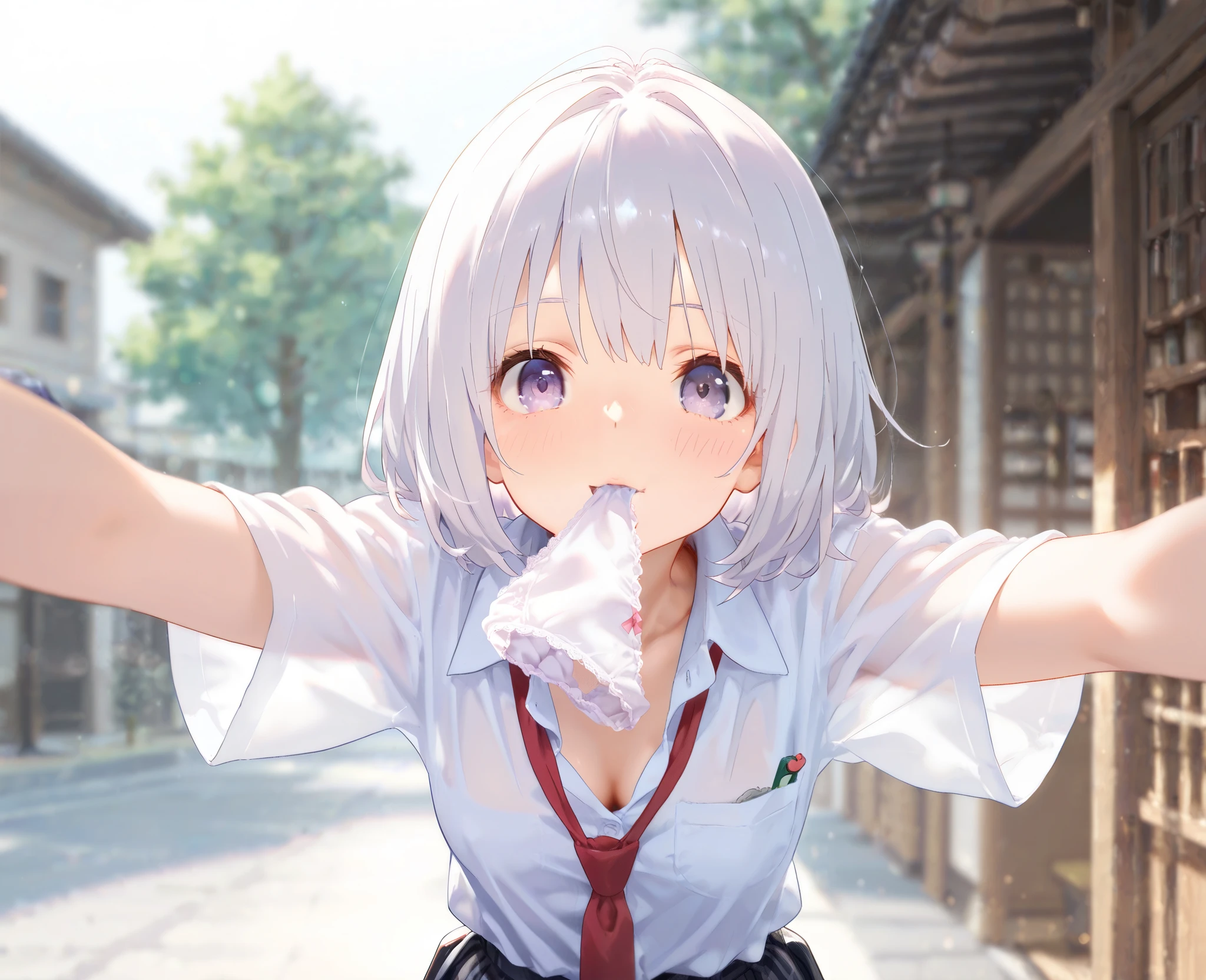 (masterpiece, Best Quality, great quality, detailed background, intricate details , is ridiculous, very aesthetic,Blurry Background),beautiful woman, stupid hair 、stupid hair from an 18 year old woman
BREAK 18 Years Old, I can see, Japanese Gals, small breasts,white shirt, red tie, check skirt, white panties on underarm tongue, Open Arms Viewers, Cleavage
BREAK underwear is visible
BREAK rear view, alone, alone focus, halftone background,1 person, 1 person