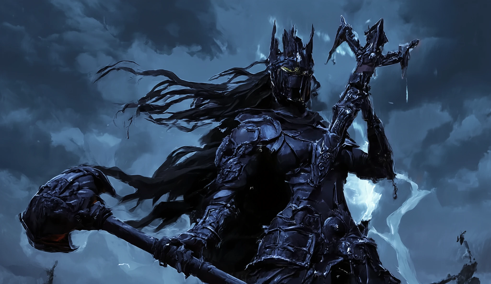 In anime style, a towering dark queen stands imposingly, wearing night-black armor that glows with a cold metallic shine. Her face is completely covered by a sleek, black mask integrated into her helmet, which is shaped like a dark, gothic castle with small spires and fortress details. Long, flowing black hair streams out from beneath the helmet, reaching down her back. She wields an enormous war hammer, almost as tall as she is, made of black steel with detailed engravings. Shadows swirl around her as if the night itself obeys her command. The scene takes place on a desolate battlefield under a stormy sky, with dark clouds and flashes of lightning illuminating her intimidating figure.