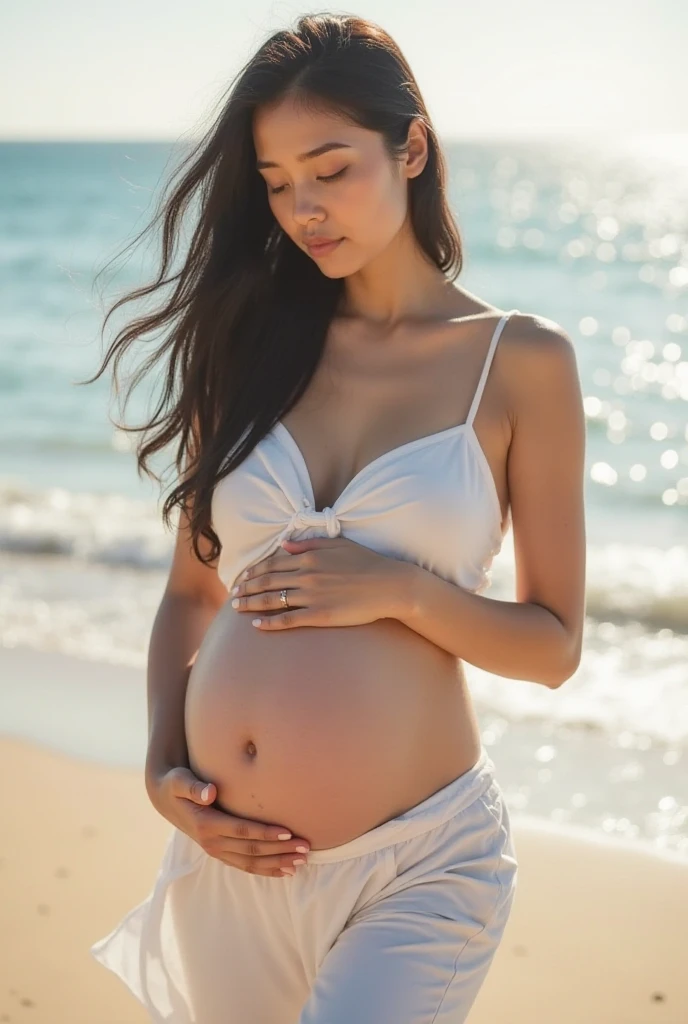 (In 8K、Live Shooting、Highest quality、masterpiece)、(Real、Photorealistic)、Pregnant women,Big Belly、Japanese women、20-year-old、(Highly detailed face and skin texture:1.4)、Detail lips、((More Skin:1.7))、(Slim body:1.3)、(Thin arms:1.3)、(Detailed eyes、Droopy eyes)、(Shiny skin)、((Light brown hair))、(Natural light)、(Asahi)、(ponytail、Long bangs)、(Beach)、short length