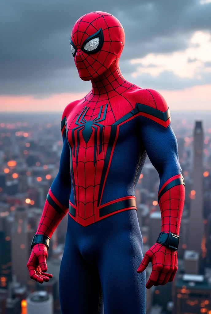 masterpiece, best quality, spider-man costume, mask, 1boy, standing, new york background <lora:Spider-Man Costume_v1:1>