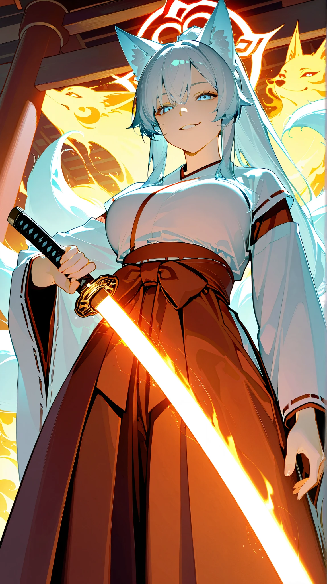 score_9, score_8_up, score_7_up, score_6_up, score_5_up, (masterpiece, best quality), ultra detailed, photorealistic, masterpiece, best quality, high resolution, 1girl, medium breast, clothed shrine maiden outfit, red hakama (e.g. worn by miko, or noblewomen at court), white long ponytail, fox ears, blue eyes, flaming japanese sword, motion lines, motion blur:1.3, in the shrines of japan, nine-tailed kitsune (fox spirit, kitsune are said to be more powerful the more tails they have), naughty face, evil smile, familiar spirit, ill-omened aura,from below,