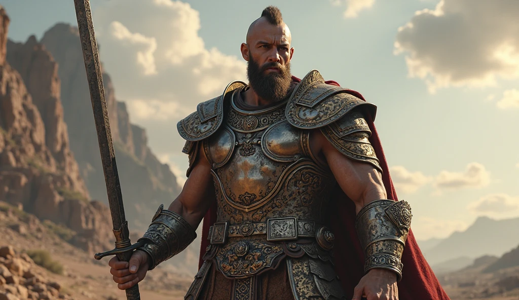Muscle man ,redhead with beard ,with a scar on the right eye ,Cold look ,Love ,with armor that has a letter C written on the right shoulder and covered with precious stones .