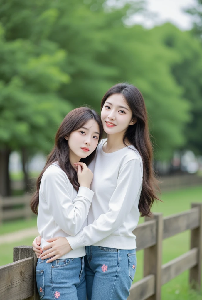 (RAW photogr,超高分辨率,tmasterpiece,best qualtiy:1.4),Complicated details,2 20 year old Korean girl,Wear a loose black T-shirt and skinny jeans,Stand on the grass and take pictures,hugs,Intimate relationships,Detailed meadow,A sweet smile on a small face,The face and skin are pink and fair,Ultra-realistic facial details,Playful and coquettish pose,The calves are straight and slender:1.5,Wear high-end branded colorful travel shoes:1.5,eventide,warm color,Broad lighting,naturalshadow,taking a full body photo:1.8