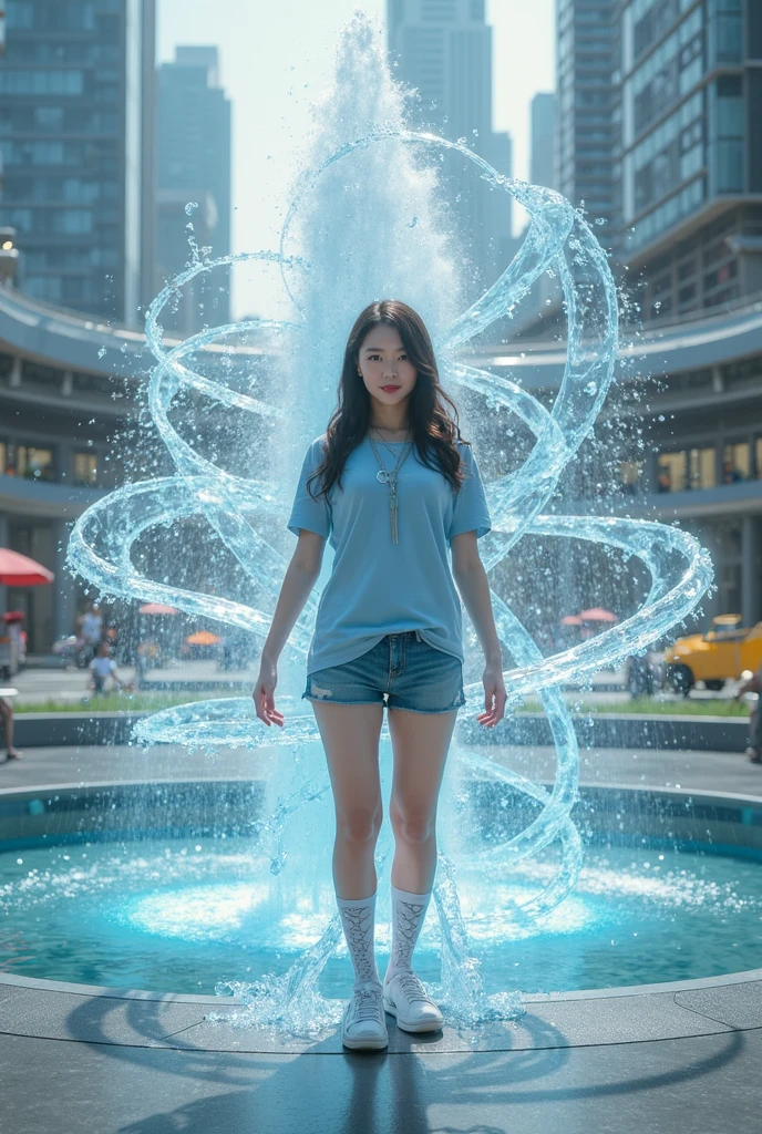 masutepiece,(Beautuful Women(Grab a magical giant ice rock with both hands:1.5)1.5),,Beige hair swaying in the wind,Blue-gray glowing eyes,Navy Tiered Skirt、G Jean,Logo T-shirt,Photo 8k,The background is a summer meadow,dazzling sunshine