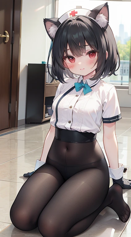 masterpiece,Highest quality,One girl,Maid,Black Bob,Black apron dress,Small breasts,Black Pantyhose,Low Angle,Looking into the camera,(Sharp eyes),Glare,Contemptuous Eyes,(Hollow Eyes)Through clenched teeth,Sweat,(Raise your skirt yourself),Panty shot,(Panties through pantyhose),Camel-to-Focus,(From below),Raise one leg,throw