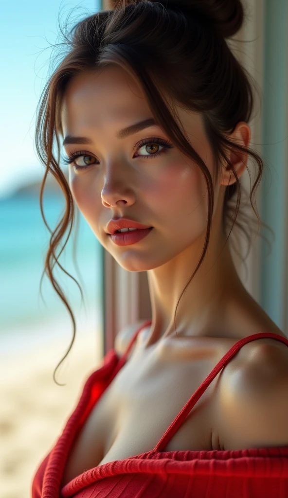 Detailed face of woman looking into camera, olhos azuis, warm thick red lips, boca separada com sensualidade, corrigir dedos deformados, foto realista, sharp eyes , corpo inteiro , muito sexy , 8k
