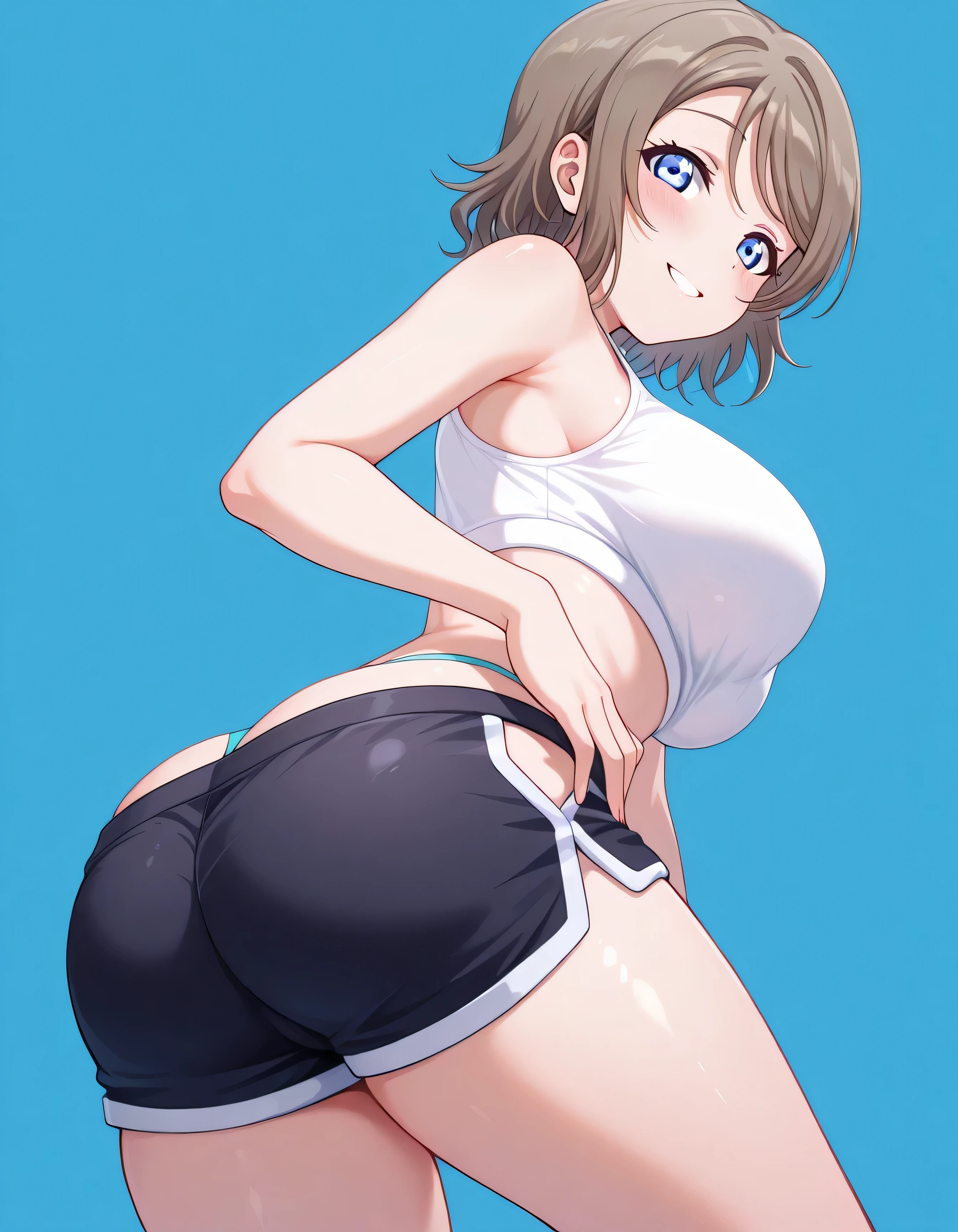 (yuri:1.2), looking at another, (2girls:1.5), (giantess:1.2), (height_difference:1.5), (size_difference:1.3), a minigirl looking up at a giantess, a giantess looking down at a minigirl, basketball court, (sports_uniform:1.2), she is much taller than her, big breasts, huge ass, booty shorts, (muscular:1.2), surprised, :o, happy, smug, (A high resolution,ultra-delicate,best quality, masterpiece, Best quality at best), NFSW, absurderes, high resolution, ((best quality)), ((ultra-detailed)), beautiful face, (large_breasts:1.3),