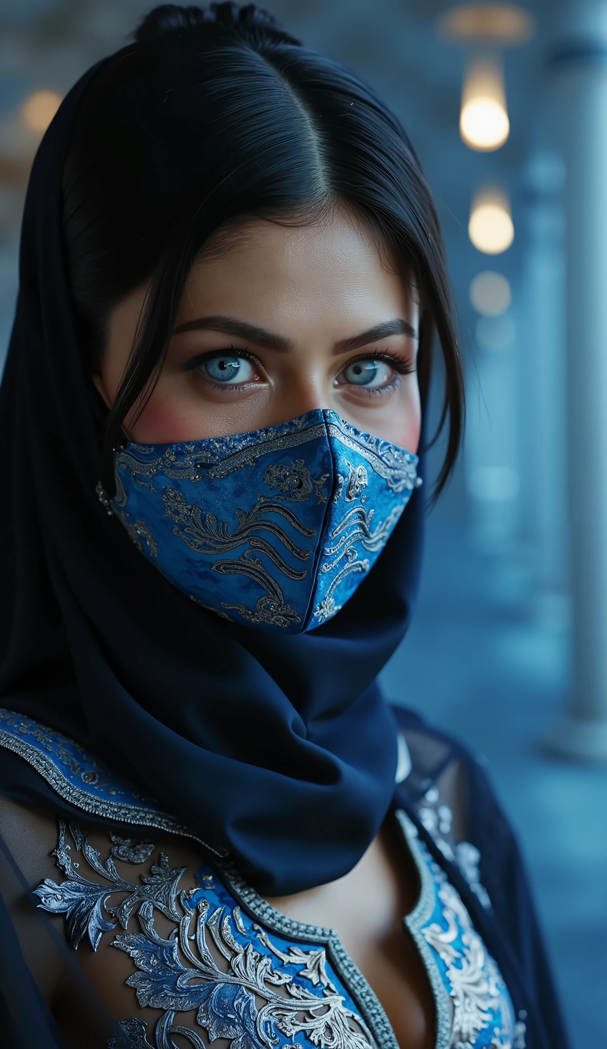 Here is the prompt adjusted to focus **only on the face** like ****, with a blue metal mask, in a hyper realistic setting: --- **"Close-up hiper-realista da parte superior do corpo like , the warrior of * mortal kombat*. She has a calm expression , but powerful, with penetrating eyes that convey nobility and strength. His blue metallic mask covers part of the face, with intricate details and brilliant reflections that highlight the shimmering material. The mask is with tribal patterns and small silvers that complement her look. The lighting is cool and dramatic , with shades of blue , creating strong contrasts between light and shadow. The background is an epic and hyper realistic setting, with diffuse lights, soft mist and elements of an oriental palace, like marble columns and flowing fabrics, adding a sublime and enveloping atmosphere."** --- **Extra details for realism:** - **mask:** Highly detailed design, with metallic reflections , shiny tribal and silver patterns. without the hoodie - ** Expression:** Calm and powerful look, transmitindo a essência nobre e guerreira de . - **Bottom:** Hyper-detailed textures on the marble columns, on the flowing fabrics and the surrounding mist. ** with her hair tied straight shiny black** Esse prompt combina elementos icônicos de com o visual único da Alexandra Daddario, ensuring a cinematic and immersive result! 🔥