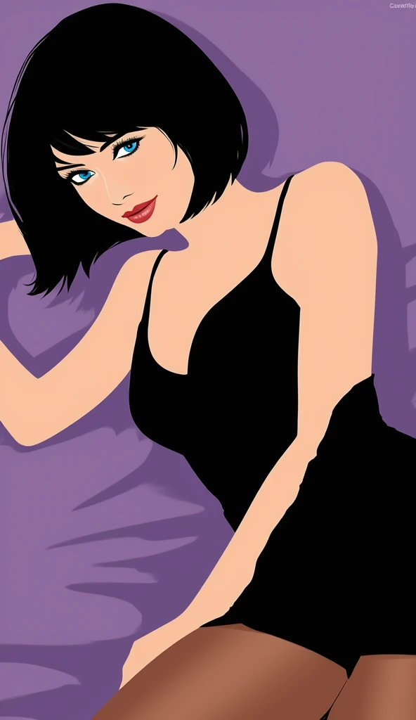 Vector illustration, girl, cleavage, minimalist, flat color , A Female with bob black haircut with blue eyes and Red lips, bare shoulders, red dress, taut dress, spaghetti strap red dress, sleeveless, medium breast, lying on side, on her blue sheet bed in her bedroom, 1 girl, solo, close up portrait, looking at viewers, seductive smile
