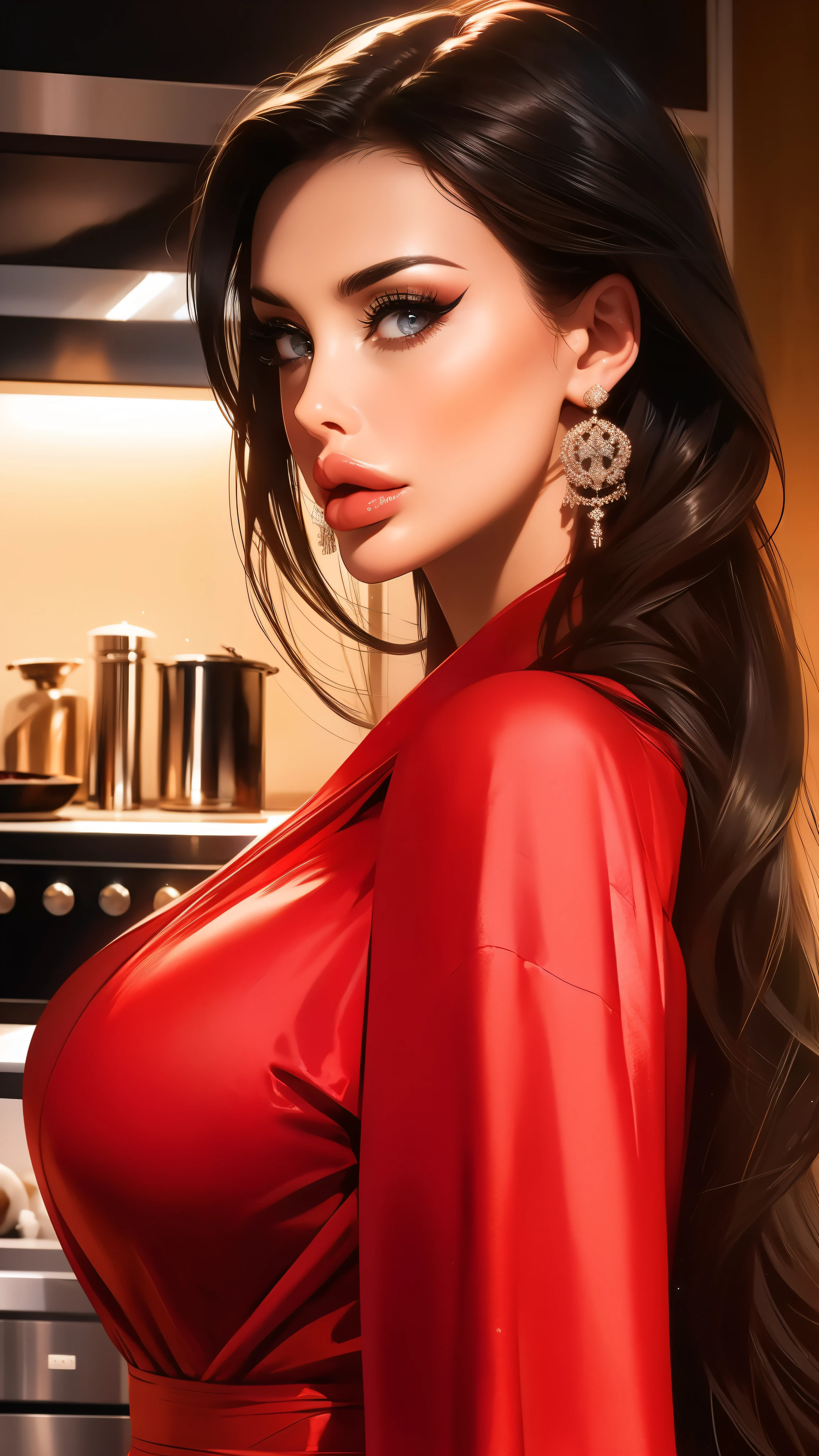 aletta_ocean, silk robe, underwear, standing, kitchen, sugerente, provocativa, erotica, VIP, jefa, close up, from front