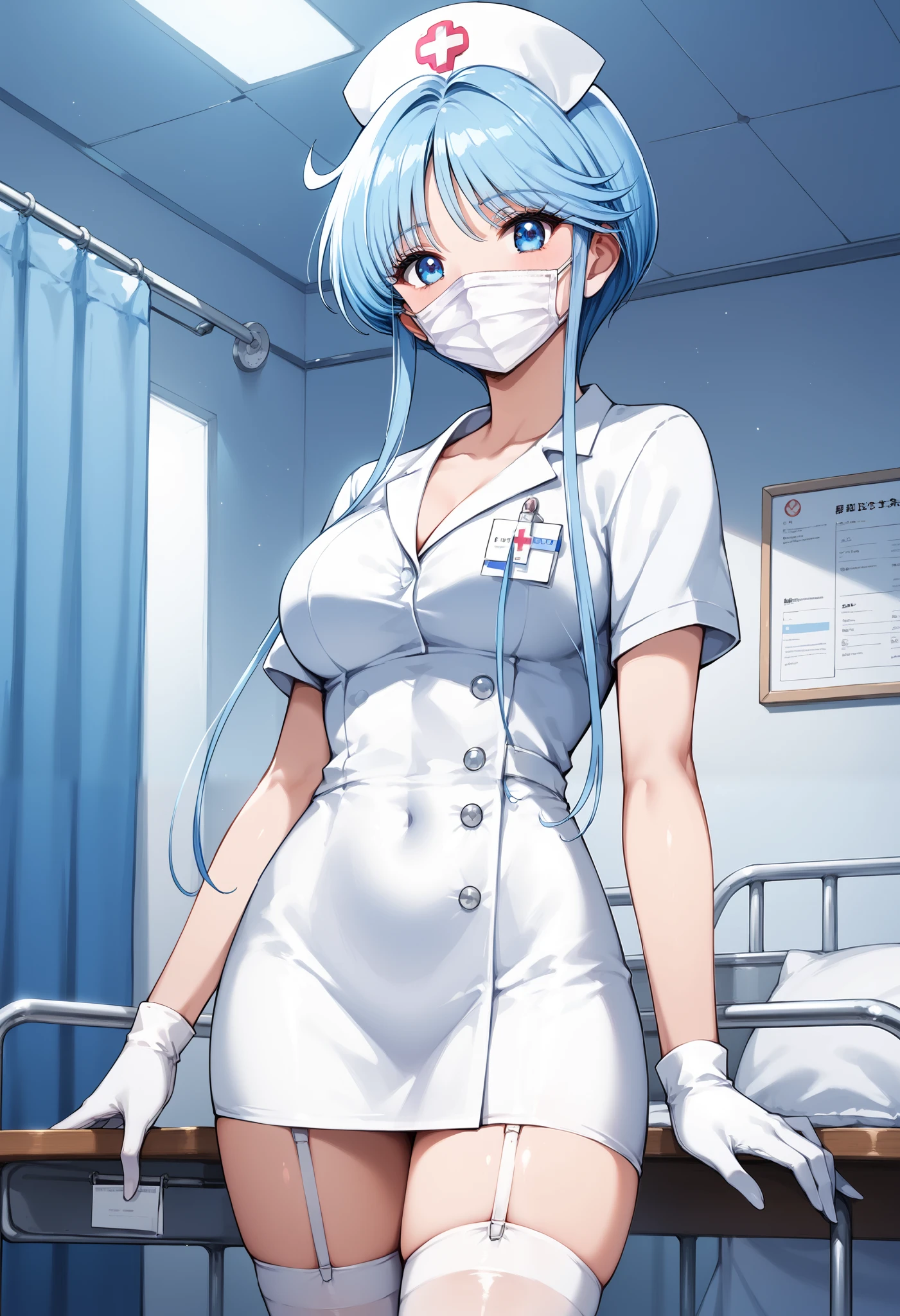 1girl, solo, nurse, nurse cap, white nurse uniform, ((white legwear, zettai ryouiki)), white gloves, glasses, blue hair, orange eyes, ((white surgical mask, covered nose)), standing, ((hospital room)), sharp outline, short sleeves, best quality, masterpiece