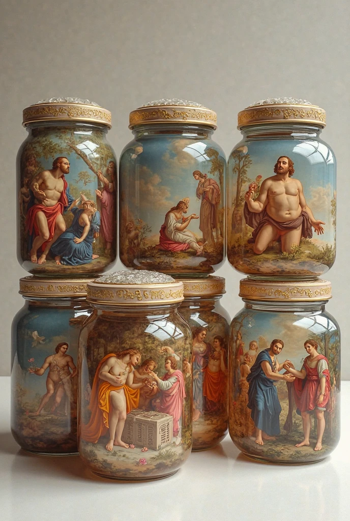 The painting, in puzzle format, presents the Bible open in the center. to the left, the Garden of Eden shows Adam and Eve with the serpent. from beside, David defeats Goliath. High above, Moses receives the Ten Commandments on Mount Sinai. On the right, the birth of Jesus in Bethlehem is highlighted, followed by the miracle of wine at Cana. The final piece shows the crucifixion of Christ. Each event fits around the central Bible, symbolizing the union and continuity of the biblical narratives.