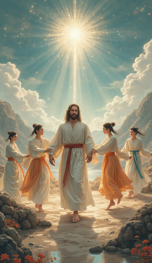 Divinity Buddha and Orixá Yemanjá holding hands with Jesus walking forward and smiling emanating the energy of love that comes from their hearts