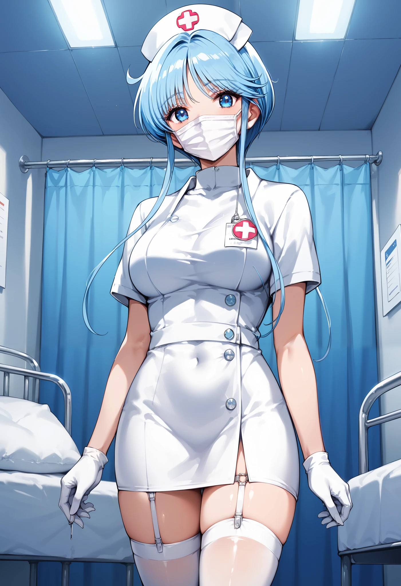1girl, solo, nurse, nurse cap, white wear, ((white legwear, zettai ryouiki)), white gloves, glasses, blue hair, orange eyes, smile, standing, ((hospital room)), sharp outline, short sleeves, best quality, masterpiece