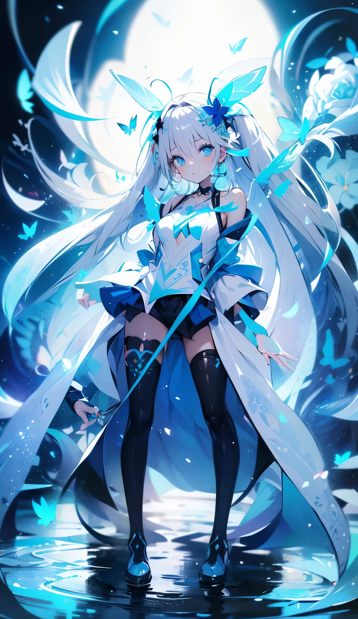 (Overhead view),dynamic angle,ultra-detailed, illustration, close-up, straight on, 1girl, (fantasy:1.4), (azure blue eyes:1.233),Her eyes shone like dreamy stars, full body, long hair, (glowing eyes:1.233),(beautiful and detailed eyes:1.1),(Silver hair:1.14),(messy hair,very long hair,french braid,hair between eyes,sidelocks), (+(bule hair flower:1.14)),(chiffon dress,bule flower pattern in uniform)/=(military uniform:1.24),(detached sleeves,wide sleeves),(fingerless gloves),choker,(miko thighhighs),High heeled boots,(expressionless,closed mouth),(standing), (classical Princess boudoir with dressing tableand french windowin a white ancient palaces),(white flowers,bloom),(abysmal sea),(flowing water),(a dull blue world tree:1.14),(ruins),(night:1.2),dreamy,soul,(fluorescence),(flying translucent blue butterflies:1.15), [[delicate fingers and hands:0.55]::0.85],(detail fingers),(yubao:0.5),