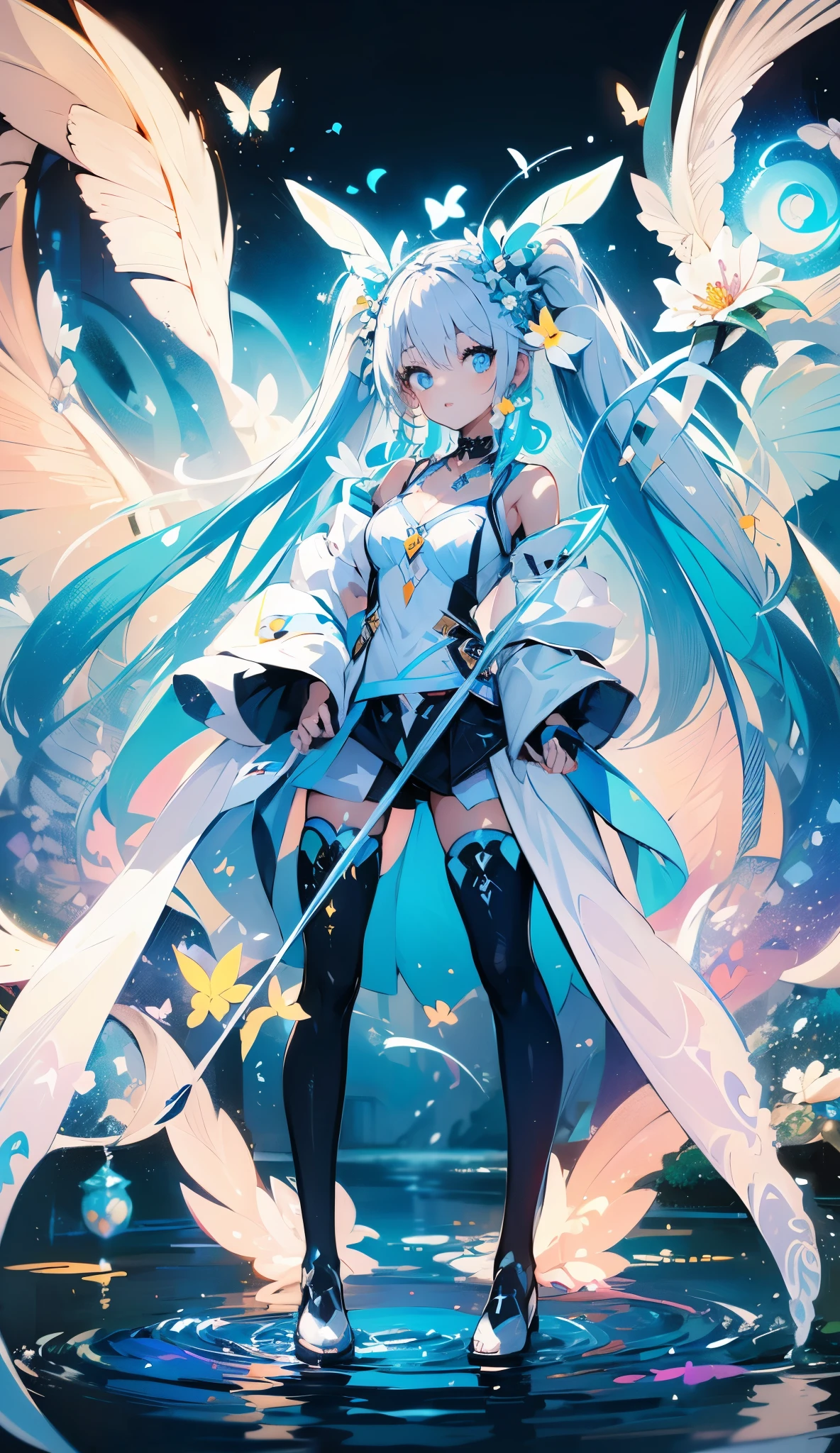 (Overhead view),dynamic angle,ultra-detailed, illustration, close-up, straight on, 1girl, (fantasy:1.4), (azure blue eyes:1.233),Her eyes shone like dreamy stars, full body, long hair, (glowing eyes:1.233),(beautiful and detailed eyes:1.1),(Silver hair:1.14),(messy hair,very long hair,french braid,hair between eyes,sidelocks), (+(bule hair flower:1.14)),(chiffon dress,bule flower pattern in uniform)/=(military uniform:1.24),(detached sleeves,wide sleeves),(fingerless gloves),choker,(miko thighhighs),High heeled boots,(expressionless,closed mouth),(standing), (classical Princess boudoir with dressing tableand french windowin a white ancient palaces),(white flowers,bloom),(abysmal sea),(flowing water),(a dull blue world tree:1.14),(ruins),(night:1.2),dreamy,soul,(fluorescence),(flying translucent blue butterflies:1.15), [[delicate fingers and hands:0.55]::0.85],(detail fingers),(yubao:0.5),