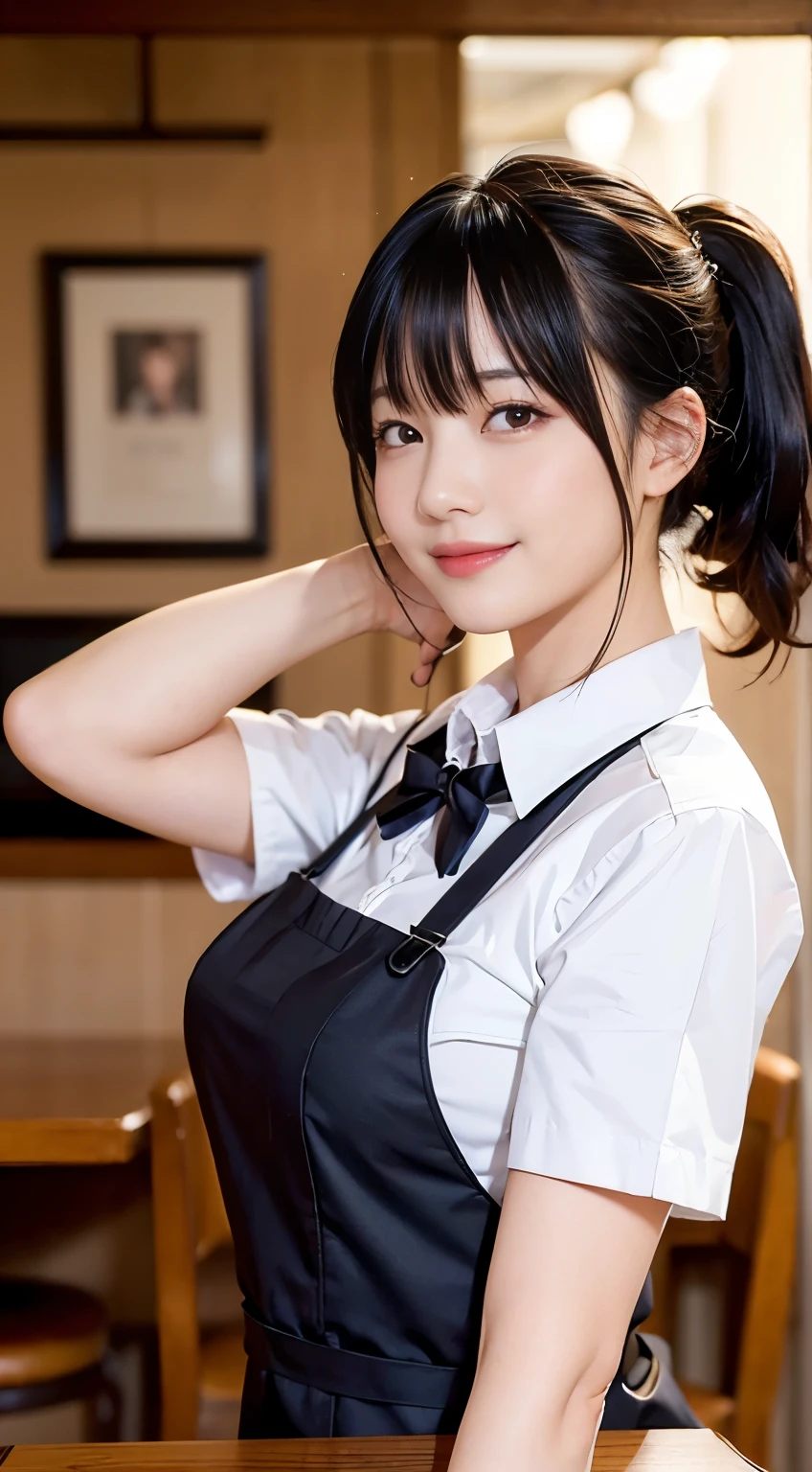 (Highest quality,masterpiece:1.3,Ultra-high resolution,),(Very detailed,Caustics),(Realistic:1.4,RAW shooting,)Ultra-Realistic Capture,Very detailed,High resolution 16k human skin closeup。 Natural skin texture、,pores、、、、It must be detailed enough to be easily identifiable。 Skin tone is even and healthy looking。 Use natural light and color,restaurant,Waitress Uniform,1 girl,Japanese,18-year-old,cute,Black-haired,ponytail,Big Breasts,smile,Turn your body forward,(Front view:1.1),Looking into the camera,Cowboy Shot,