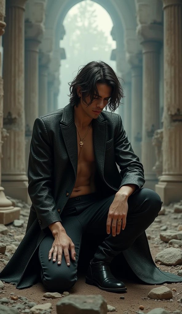 prince. He has a lost look, a sorrow hovers in his soul. She wears a black silk robe that falls over her chest. inside a desolate palace. His hair is black and his eyes look with rage and desire. Aligned eyebrows, straight jaw. toned body, wide back. Short and black hair.