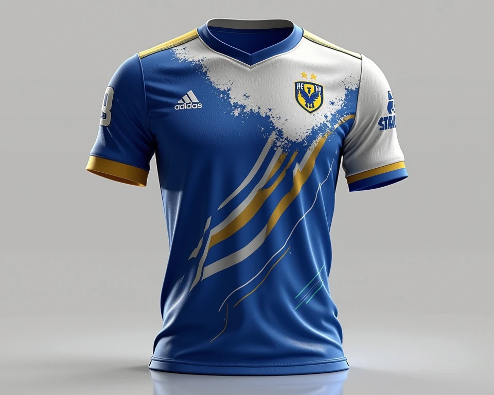 create a uniform for a football team called IPASEP where the predominant colors are Blue and White, The uniform should be white with blue and gold details, with white shorts with blue and gold details
