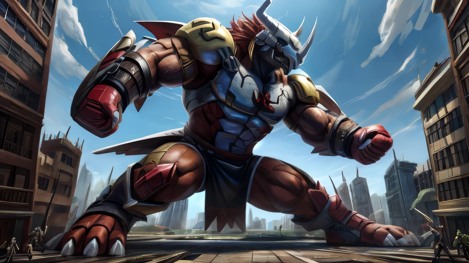 Wargreymon, (exposed body), red hair, masterclass anime illustration, MMA style fighting, macro in miniscule city
