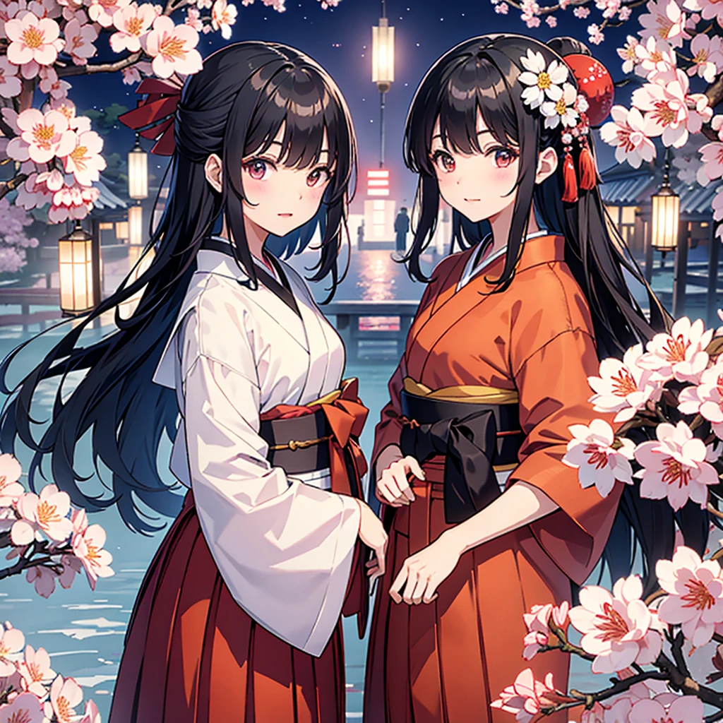 2girls、nightcity、Weapons with blood on them、Great body、Great legs、White kimono black hair with blood on it、Sword、Holding a weapon with blood on it、Cherry blossoms are dancing、poneyTail、Ordinary girl、The actions of two people who fight、Anime girl walking down the street of the city with blood on her face, anime style 4 k,4k anime wallpaper, anime art wallpaper 4k, anime art wallpaper 4k, best anime 4k konachan wallpaper, Anime Art, anime wallpaper 4 k