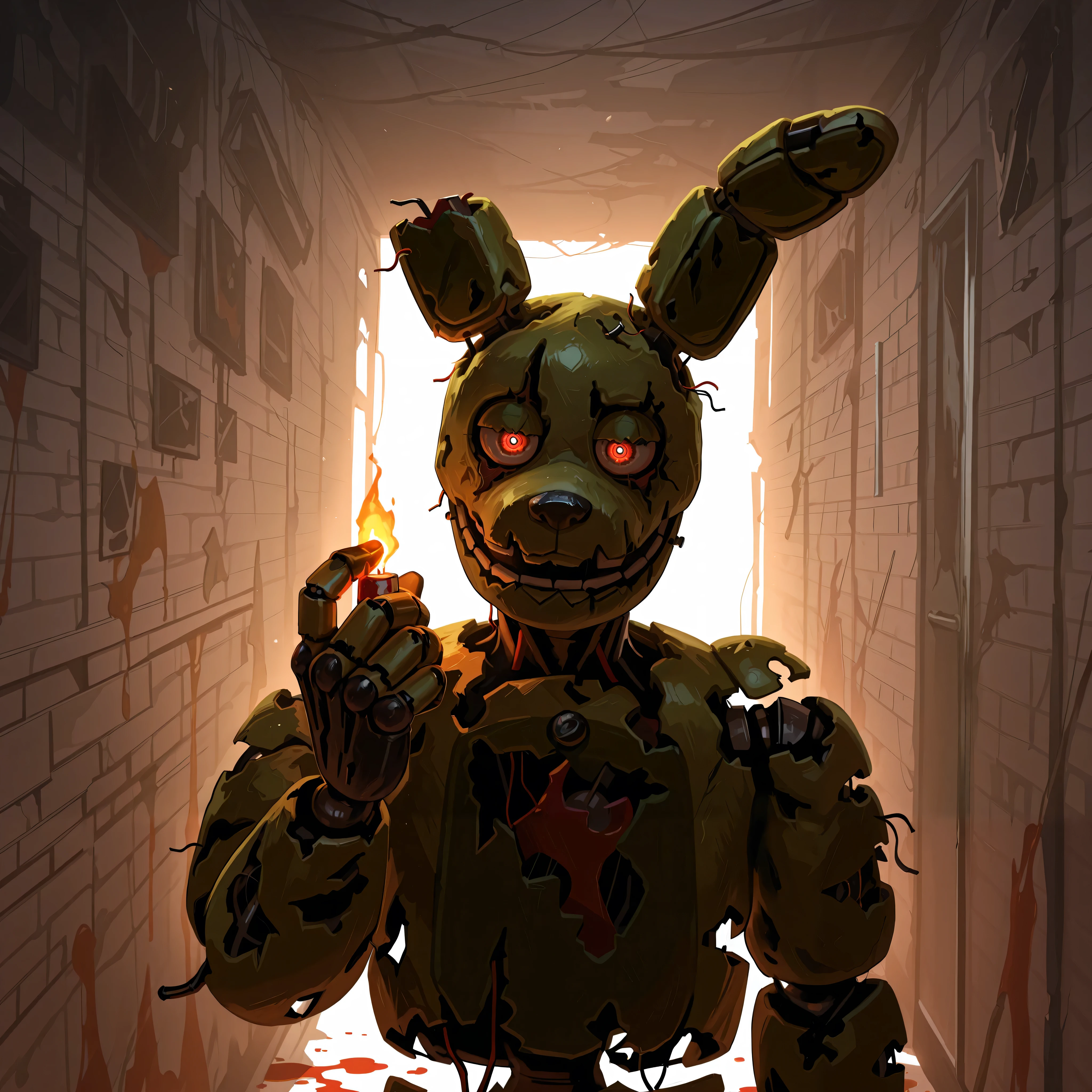 score_9, score_8_up, score_7_up, solo, masterpiece, best quality, amazing quality, absurdres, newest, high res, ultra detailed, best quality, best artwork, detailed eyes, (eyes focus), perfect eyes, 4k, ultra quality, perfect face, realistic:0.5, ultra realism, pitch black hallway, detailed scenery, abandoned dark hallway, springtrap, animatronic, robot, sinister feeling, holding up lit lighter, spilled gasoline                                                                