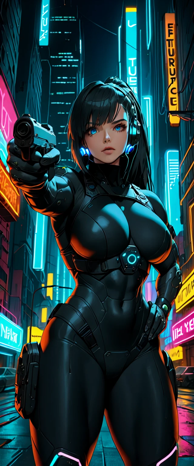 Science fiction, masmorra mais escura, voluptuous woman with curvaceous body wearing big black dress with serious look, sem orelhas de animal, olhos azuis, Black braid, pelos pubianos, altamente detalhado, 4k, obra de arte, cinematic lighting, de cima, sem orelhas de animal, espada do poder cyberpunk