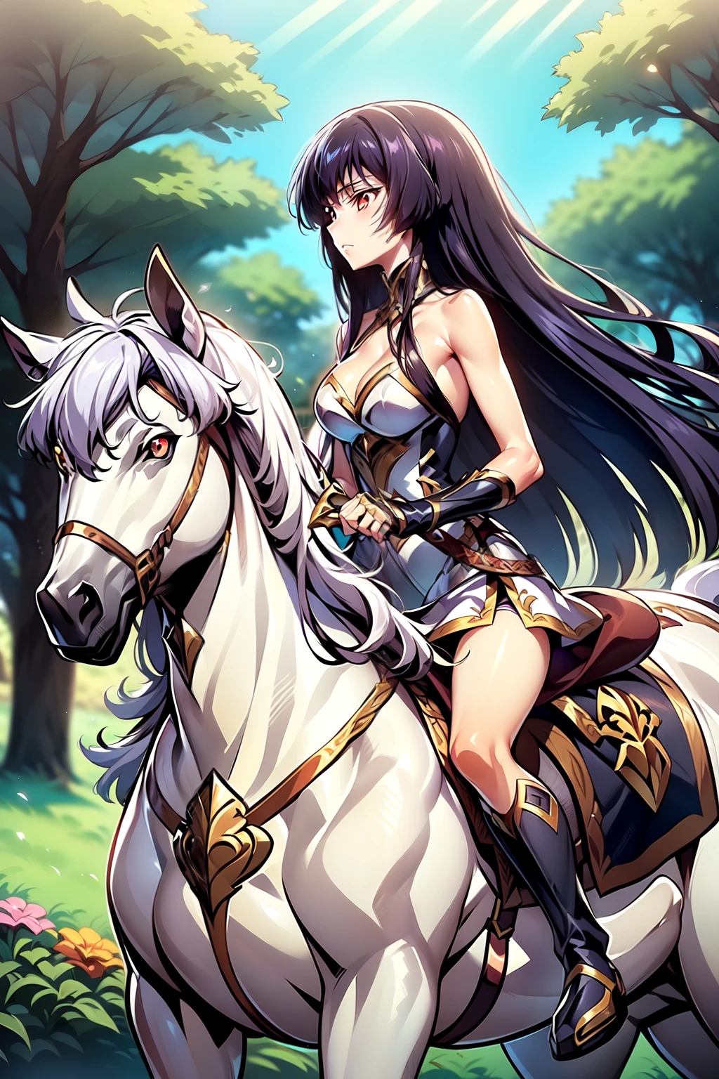 Young centaur. fantasy setting. long hair. Long women's haircuts. Round and soft face. The chin is round and soft. Round and soft cheeks. Curved lips. Long and wide nose. Dark brown eyes. long neck. big breasts. Centaur under the body. brown fur. Looks good and friendly. medieval fantasy in black. in an open field.