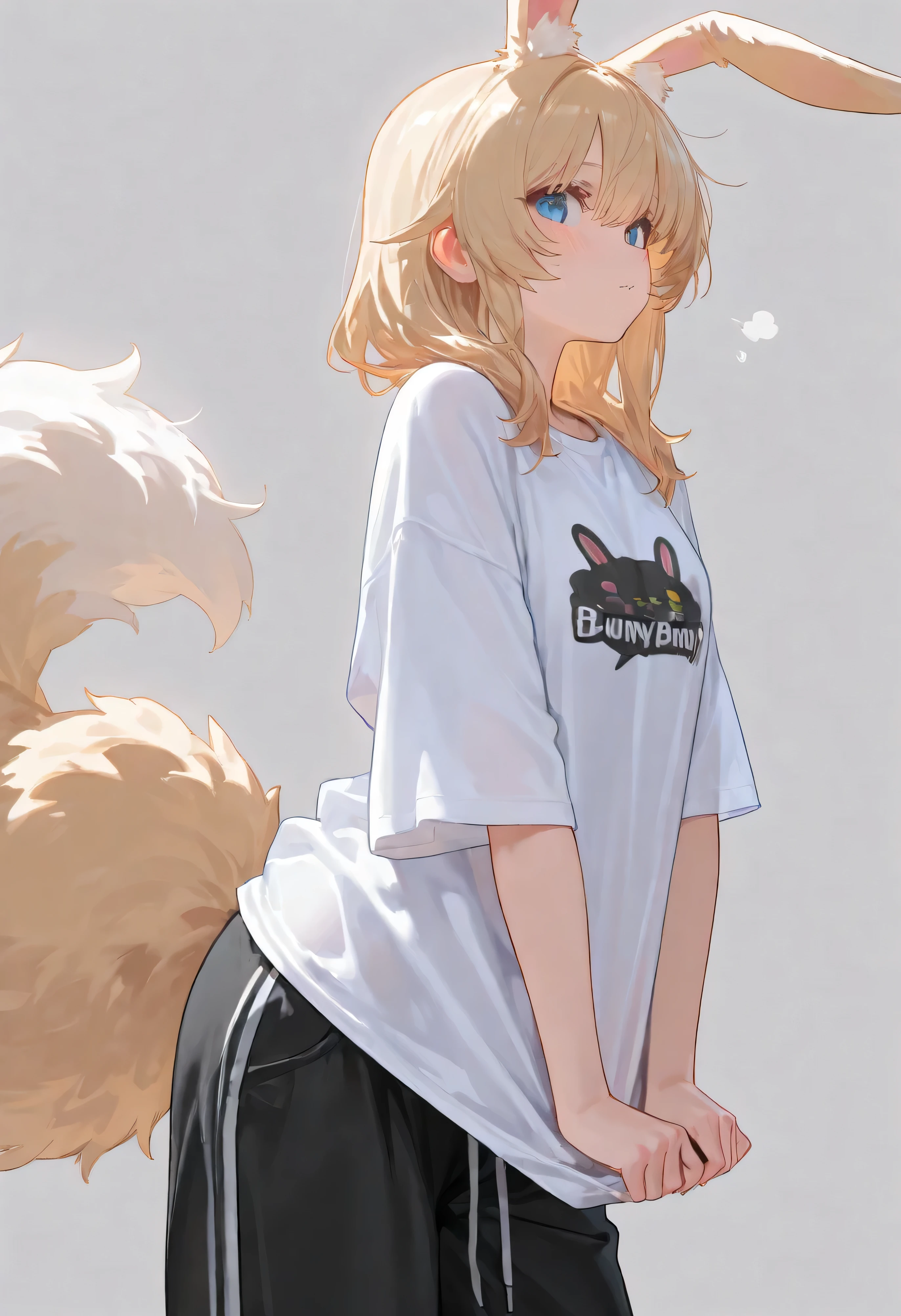 a human bunny girl , fluffy tail , bunny ears, wearing big shirt and pants