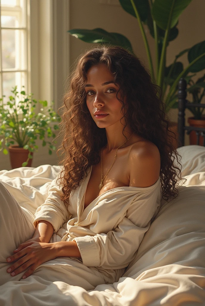(photorealism:1.2), beautiful woman, sitting on bed, wearing loose off-shoulder top, pajama pants, long curly hair, indoors, soft lighting, plants in background, window with sunlight, cozy room, relaxed pose, realistic, intricate details, warm colors, by Greg Rutkowski, by Alphonse Mucha