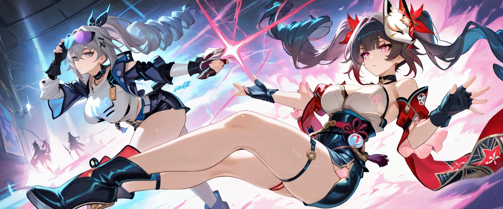 2 girls, masterpiece, light-skinned male, perfect eyes, perfect face,1girl, ultra-detailed_silver_wolf_(honkai: star rail), grey hair, long hair, drill hair, crossed bangs, hair between eyes, hair ribbon, grey eyes, eyewear on head, ponytail, black gloves, fingerless gloves, silver wolf clothes, s, Big Breasts,sexy,1girl, ultra-detailed_sparkle_\(honkai:_star_rail\), twintails, fox_mask, bare_shoulders, mask_on_head, black_choker, pink_eyes, black_hair, black_gloves, brown_hair, very_long_hair , thighs,(alternate custome),ID card,pencil skirt, Black skirt,sleevless, sparkles clothes, Big Breasts,hair_intakes,sexy,2 sexy girls,sexy pose,grabbing girls waist,full body,(perfect)