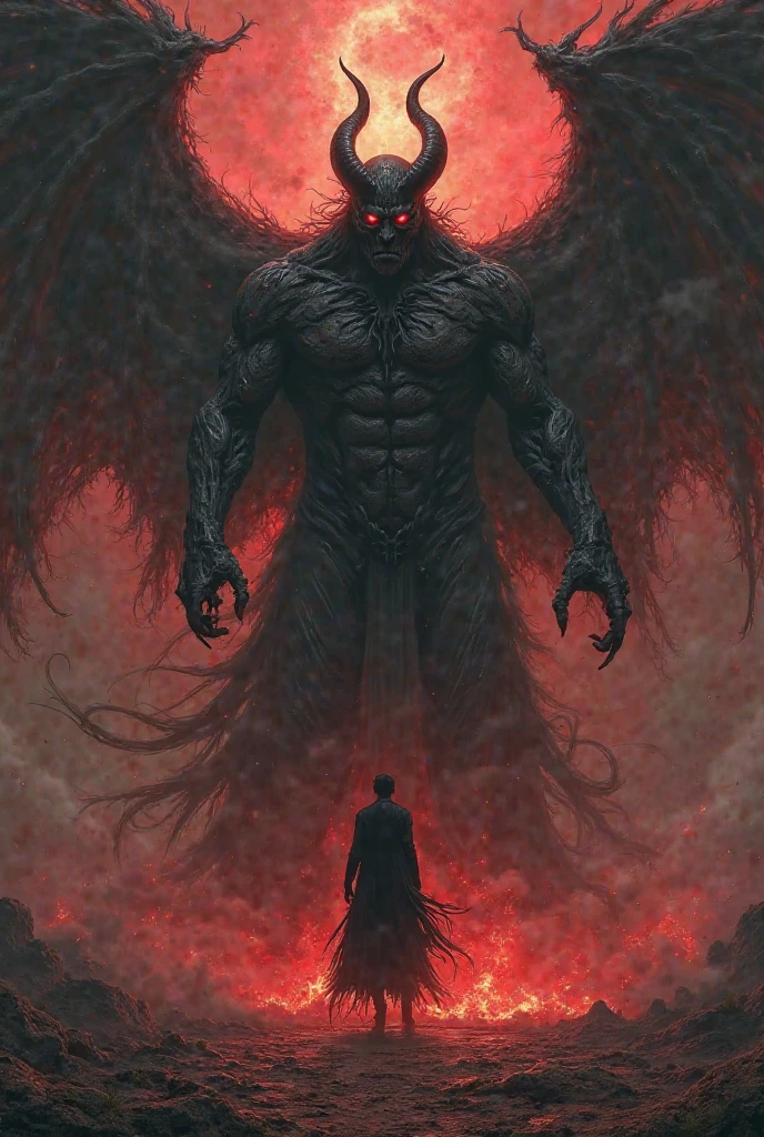 Lucifer, the Fallen Morning Star, his once-beautiful form now twisted into something dark and malevolent. His wings, once white and pure, were now tattered and blackened, dripping with the blood of the innocent. His gaze, cold and calculating, swept across the council with a contemptuous sneer