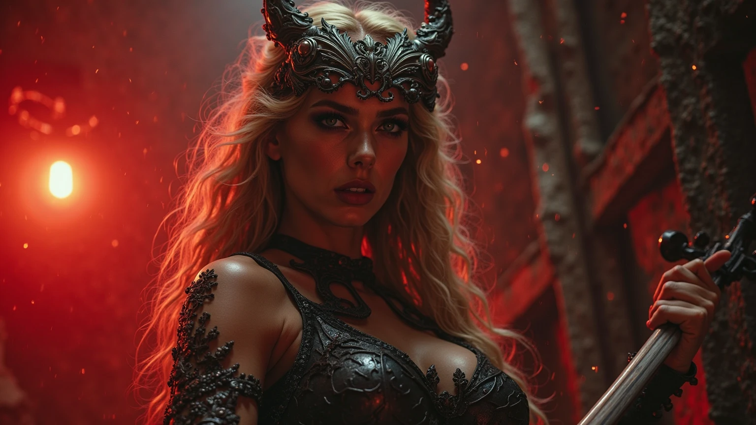 Real、 Looks real、 devil、A long horn grows from its forehead、 A beautiful blonde-haired, blue-eyed woman in her twenties、 Wearing a black blue dress、looking at the camera、Full Body、Smile eerily、8K
