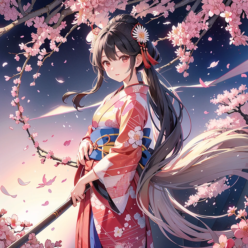 Graduation Ceremony、Hakama、Yakasuri(yagasuri)柄のHakama、(background:geometric pattern combining round and square)、greatest masterpiece、 kimono、 facing the viewer 、cherry blossom petal fractal art、Cute kimono,