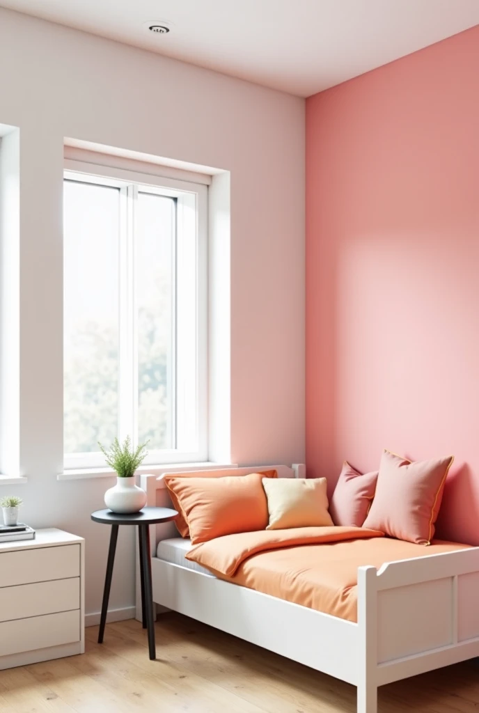 A room with light pink tiles and sky blue colour. The tiles are of 2*4 feet. Make room bigger and change the sky blue to navy blue with geometric pattern design in crisp white and blue, it's a bedroom.