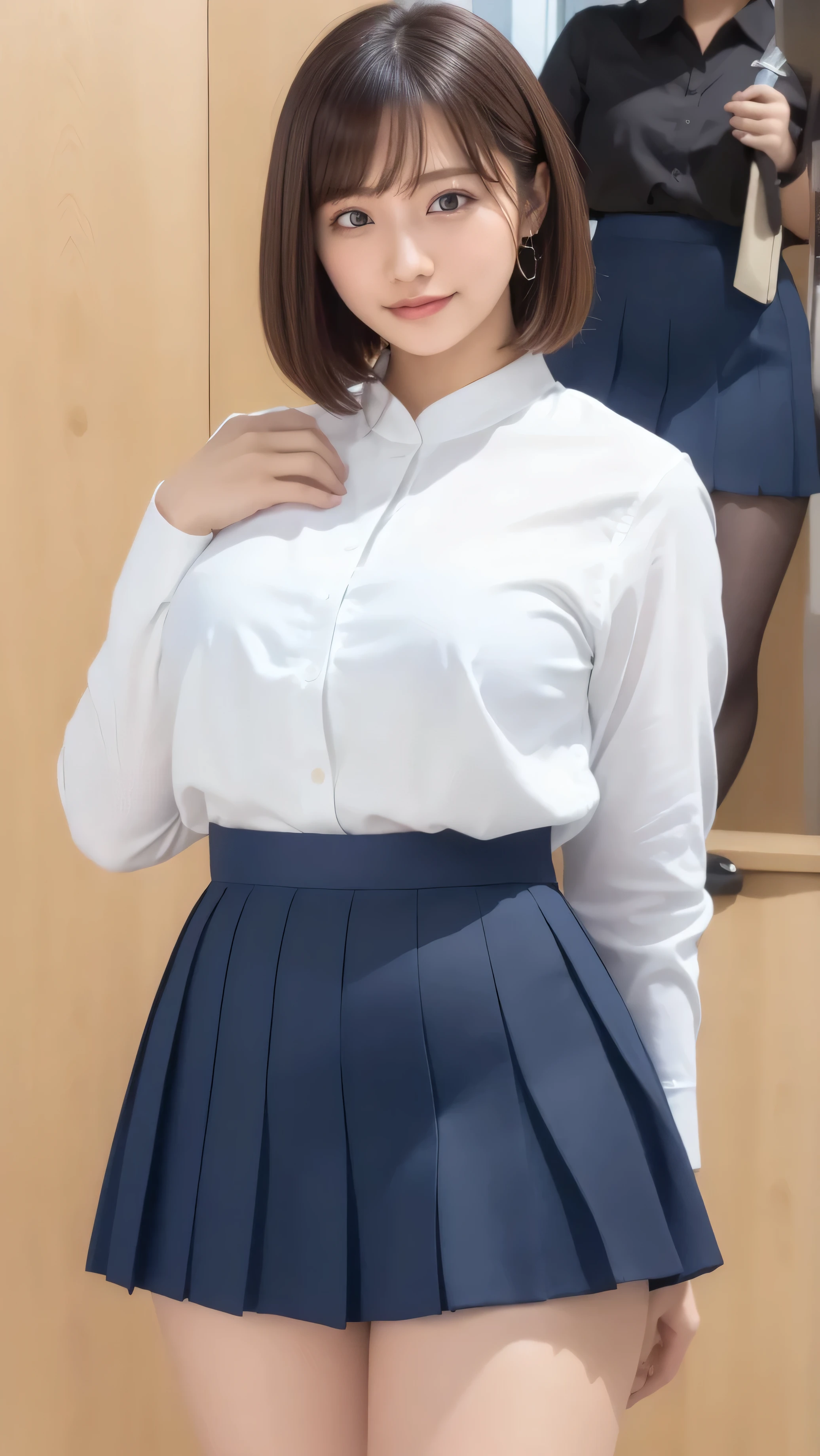 (narrow eyes:1.1), frontal shot , From the middle , (black eye), (japanese woman), 1 girl, (small eyes:1.1), very beautiful girl, beautiful breasts:1.5, short hair, (highly detailed eyes:1.2), (beautiful breasts:1.1), bangs, (thick legs, huge hips, thick thighs), (white teeth), perfect skin, Fair skin, tight waist, light blush, alone, looking at the viewer, light smile, (white shirt, crew , dark blue pleated skirt:1.2)