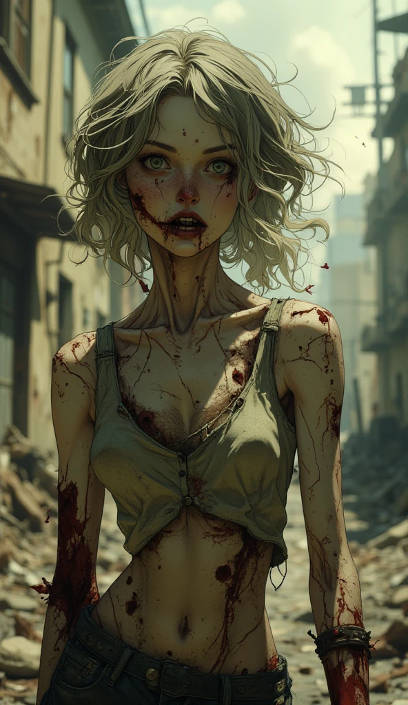 standing, facing forward, beautiful white woman in her 20s, mud, scratches on face, mud stained blonde hair and face, dirty nurse clothes, smooth skin, scared expressions, isometric details, amazingly realistic photos, blue eyes, zombie apocalypse, give me 3 images