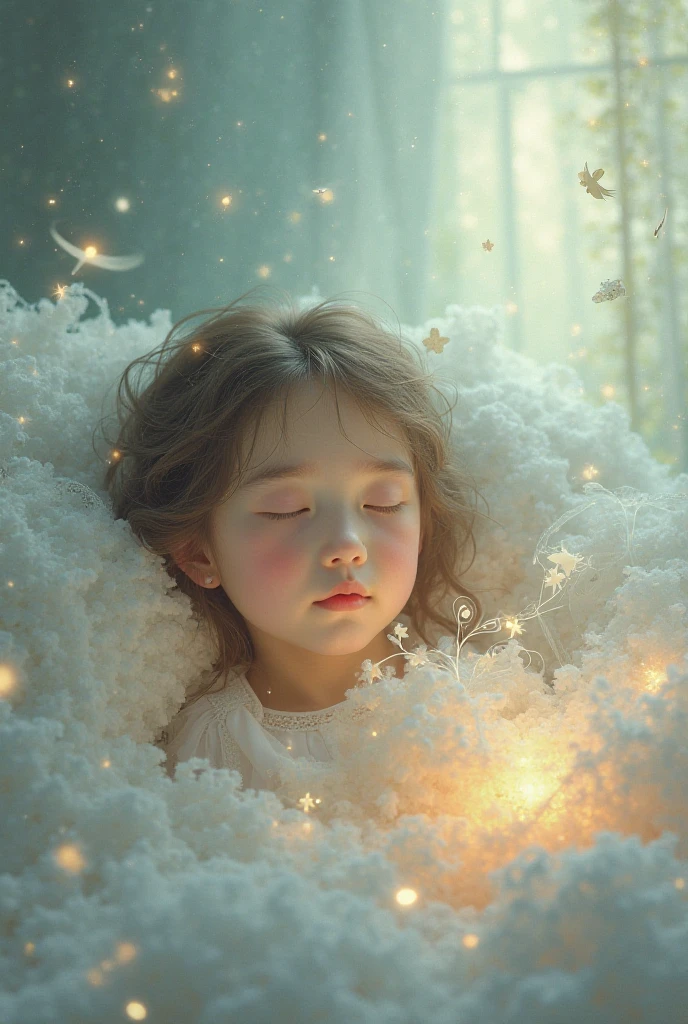 Baby sleeping with cat The surrounding scenery is fantastic with stars