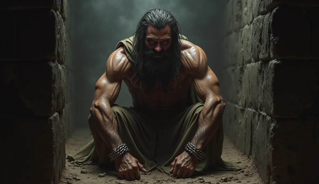Man in his twenties, well-built, Very hairy body, especially on the pectorals, ABS, shoulders, legs and arms, defiant look, dressed only in a jockstrap, kneeling on the floor with legs chained to the ground, arms tied to a chain hanging from the ceiling above his head, semen stains on his face and on his pectorals, dirty and damp dungeon as a setting, red and blue lights, turbid atmosphere, realistic and detailed skin, realistic and detailed hair, Realistic and detailed body, realistic and detailed jockstrap, realistic and detailed scenery 