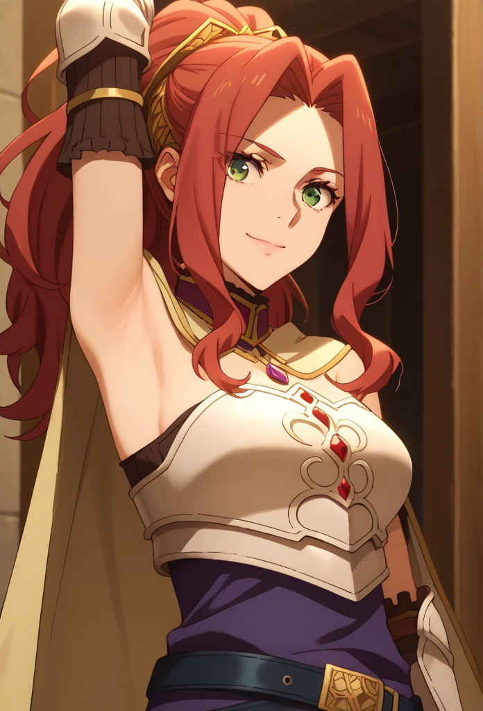 best quality, masterpiece, portrait, rebellia le castilla, green eyes, red hair, wavy hair, long hair, hair intakes, large breasts, hair between eyes, dress, juwelery, seductive smile, looking at viewer, closed mouth,indoors, mansion,
