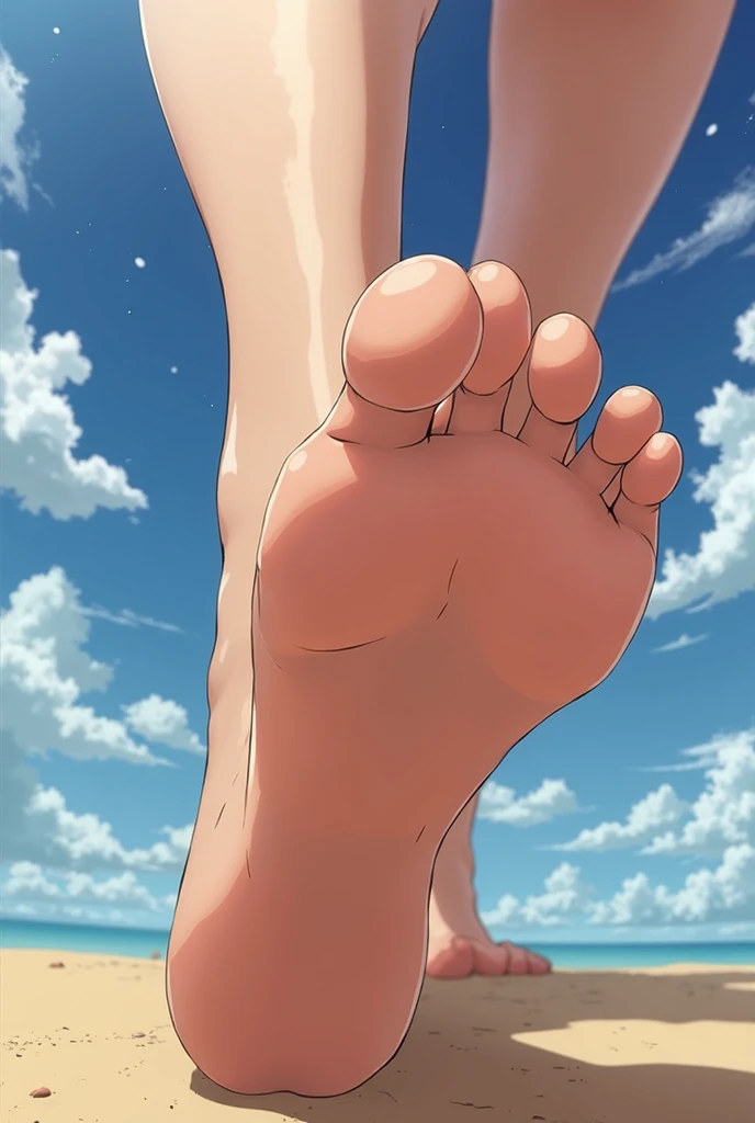 1 girl, oshi no ko, ruby hoshino, stepping,(pov from below:1.3), stepped on, pov, low angle, no shoes, feet, looking down, toes, one foot out of frame, leg lift, foot focus, barefoot, standing on one leg, depth of field, outdoors,( foreshortening:1.2), facial blur, blurry face, building, city, sky, cloud, giantess, mega size, masterpiece, best quality, absurdres, ultra detailed, smirking, glaring