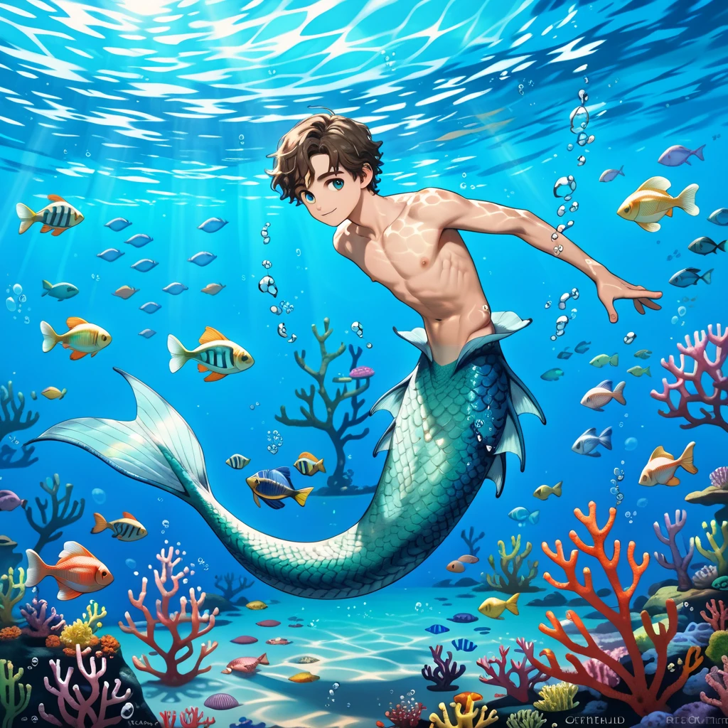A boy swims at the bottom of the sea,water snake