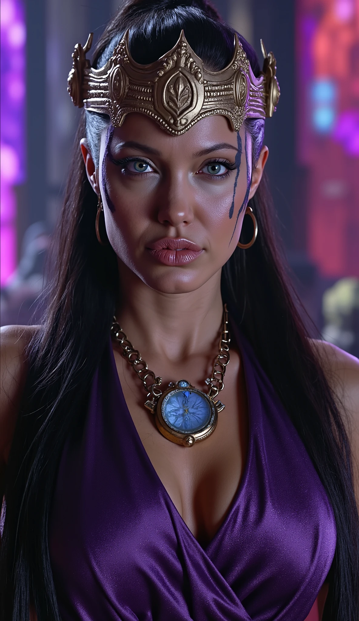 Here's the updated prompt , including gray hair with black highlights, typical of **Sindel**: --- **"Close-up image of Angelina Jolie as Sindel, the powerful and deadly queen of * mortal kombat*. She is in a majestic and dominant pose, with a haughty and intense expression, conveying authority and mystery . She wears a bright purple outfit, with intricate gold details that reflect light in an impressive way. Her long and voluminous hair is gray with black highlights, highlighting its iconic and supernatural appearance. Her queen crown is highly detailed, with shiny gems and ornate patterns que destacam seu status real. The lighting is dramatic , with shades of purple and gold , creating strong contrasts between light and shadow. The background is an epic and hyper realistic setting, with cold lights, soft mist and elements of a Gothic palace, like tall columns, colored stained glass and flowing curtains, adding an intense and enveloping atmosphere."** --- **Extra details for realism:** - **Hair:** Hair cinza com mechas pretas, hyperrealistic texture and smooth movement effect. - **clothing:** Bright purple fabric, with gold details and metallic reflections hyper-realistic. - **crown:** Highly detailed design, with shiny gems and ornate patterns. - ** Expression:** Alexandra Daddario's haughty and dominant look, } conveying the powerful and mysterious essence of Sindel. - **Bottom:** Hyper-detailed textures in the columns, in the stained glass windows and the surrounding mist. This prompt combines iconic Sindel elements with Angelina Jolie's unique look, ensuring a cinematic and immersive result! 🔥