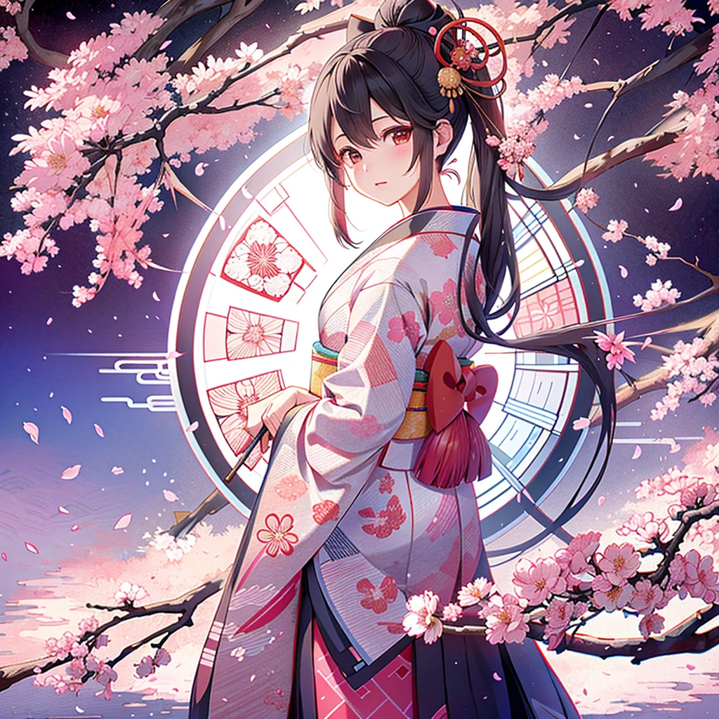 Graduation Ceremony、Hakama、Yakasuri(yagasuri)柄のHakama、(background:geometric pattern combining round and square)、greatest masterpiece、 kimono、 facing the viewer 、cherry blossom petal fractal art、Cute kimono,
