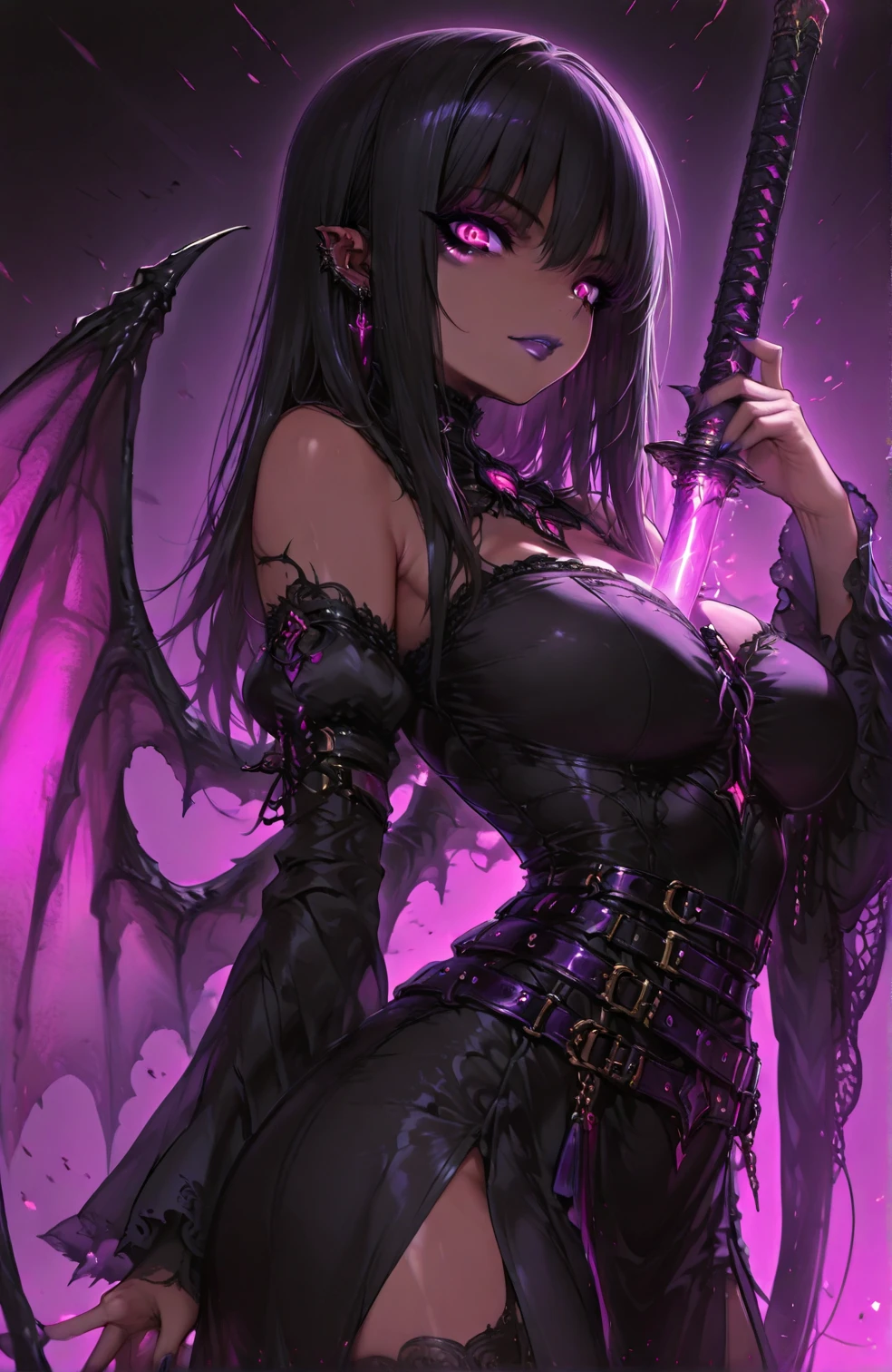 ((masterpiece, best quality)), official art, unity 8k wallpaper, ultra detailed, Amazing dark elf, Dark Angel, mystical aura, ((Obsidian black wings)), flowinggown, deep Purple, Motifs inspired by the occult, ((Crown of thorns)), Poisonous nightshade,  balls of fire, Dynamic pose, Darkness shrouded, High detail resolution, Mysterious rituals, Dark atmosphere, r1ge, Crazy nothingness, Glowing eyes, Multiple eyes, Horror (Theme), BREAK, highly detailed of (dark elf), (1girl), solo, perfect face, details eye, ponytail, Blunt bangs, (hair between eye), white hair, violet eyes, fantasy art by Artgerm, by Kawacy, by Wadim kashin,BREAK, eyelashes, eyeshadow, pink eyeshadow, (dark skin:1.2), glaring, Mysterious smile, medium breast, BREAK, extremely detailed, dynamic angle, (( moonlight)), Mystic energy, Mysterious rituals, ((Dark atmosphere)),