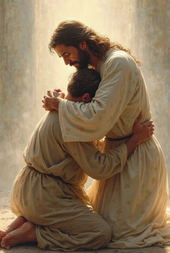 Image of Jesus walking backwards with his BACK hugging a son or a man with his BACK turned away from the screen
